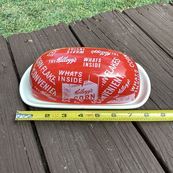 Kellogg’s Corn Flakes retro butter dish w/ lid – red/white ceramic 9” - Picture 4 of 4